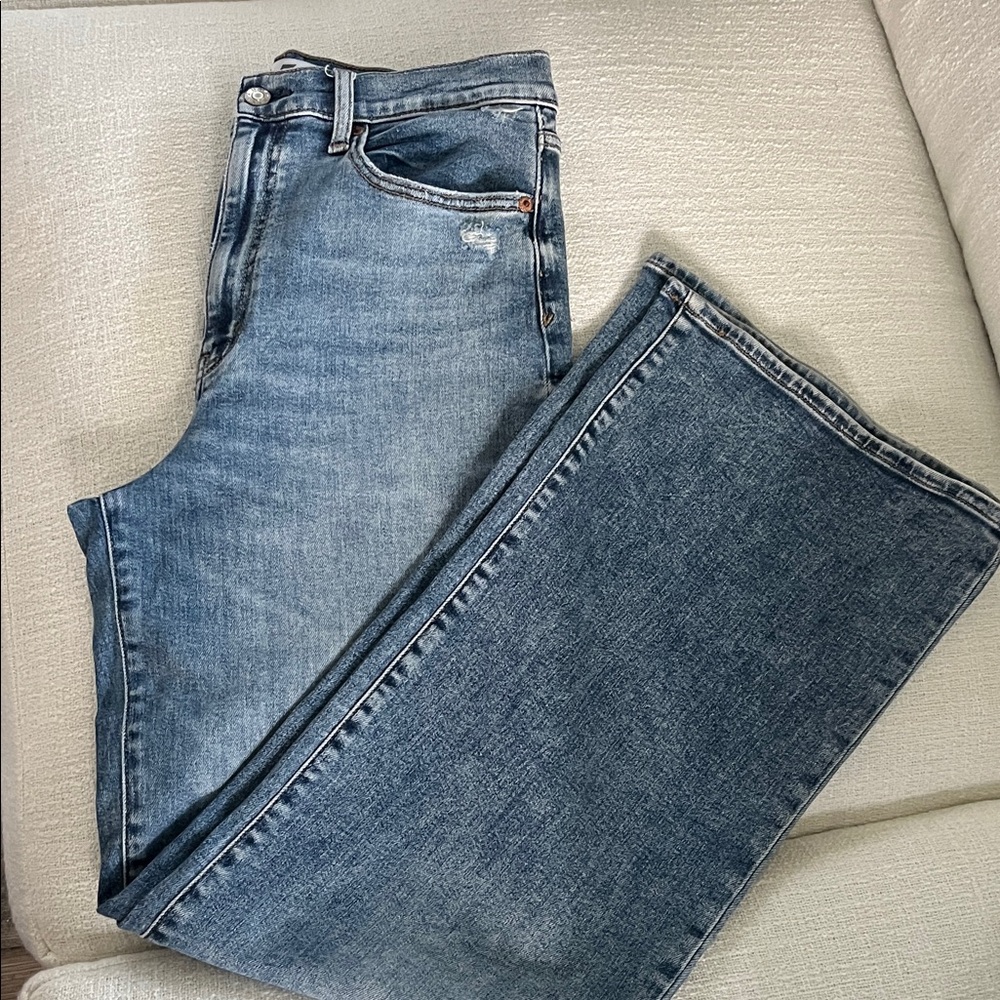 Medium blue wide leg jeans.